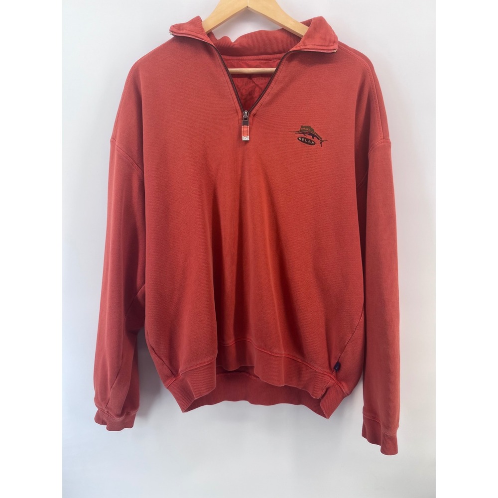 Tommy Bahama Relax Mens Quarter Zip Pullover Red Ribbed Cotton Sweatshirt L